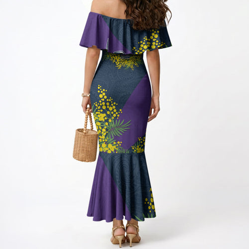 Melbourne Storm Mermaid Dress Golden Wattle Floral Polynesian - Australian Flower - Rugby Mascot