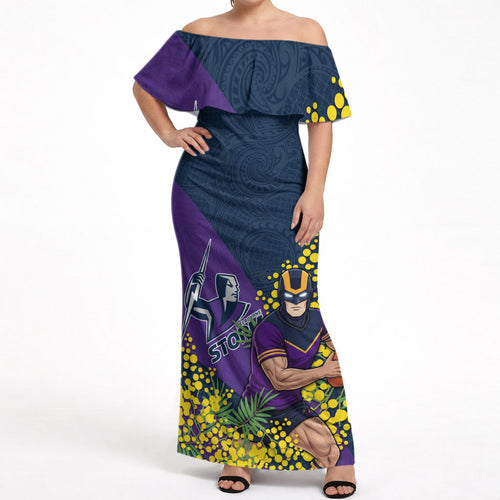 Melbourne Storm Off Shoulder Maxi Dress Golden Wattle Floral Polynesian - Australian Flower - Rugby Mascot