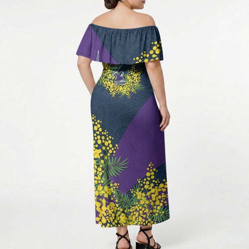 Melbourne Storm Off Shoulder Maxi Dress Golden Wattle Floral Polynesian - Australian Flower - Rugby Mascot