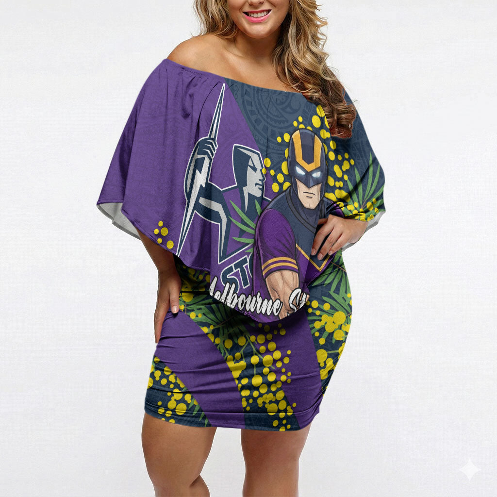 Melbourne Storm Off Shoulder Short Dress Golden Wattle Floral Polynesian - Australian Flower - Rugby Mascot