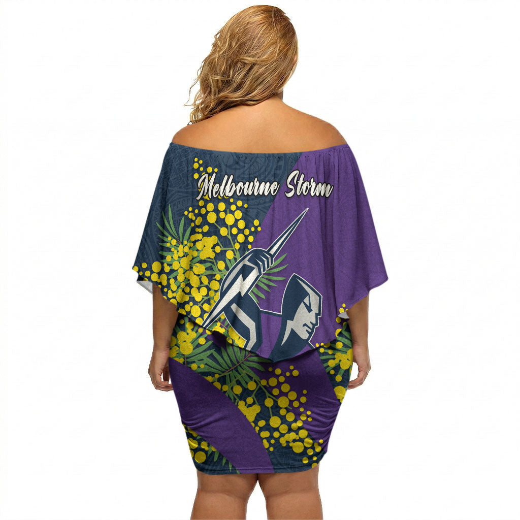 Melbourne Storm Off Shoulder Short Dress Golden Wattle Floral Polynesian - Australian Flower - Rugby Mascot