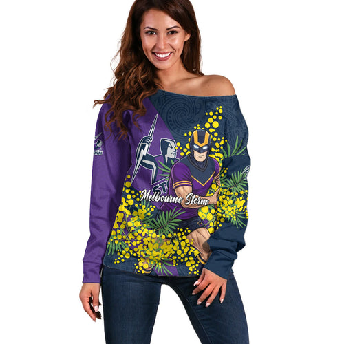 Melbourne Storm Off Shoulder Sweater Golden Wattle Floral Polynesian - Australian Flower - Rugby Mascot