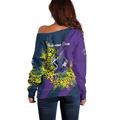 Melbourne Storm Off Shoulder Sweater Golden Wattle Floral Polynesian - Australian Flower - Rugby Mascot