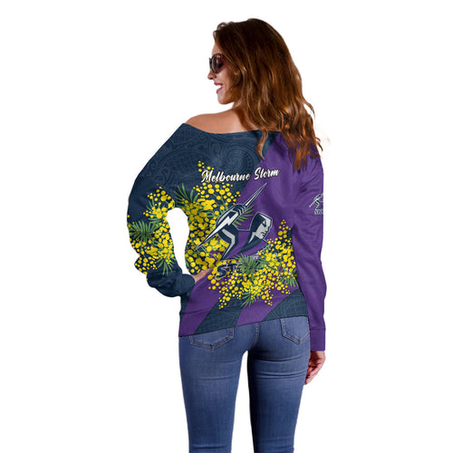 Melbourne Storm Off Shoulder Sweater Golden Wattle Floral Polynesian - Australian Flower - Rugby Mascot
