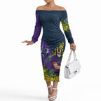 Melbourne Storm Off The Shoulder Long Sleeve Dress Golden Wattle Floral Polynesian - Australian Flower - Rugby Mascot