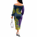 Melbourne Storm Off The Shoulder Long Sleeve Dress Golden Wattle Floral Polynesian - Australian Flower - Rugby Mascot