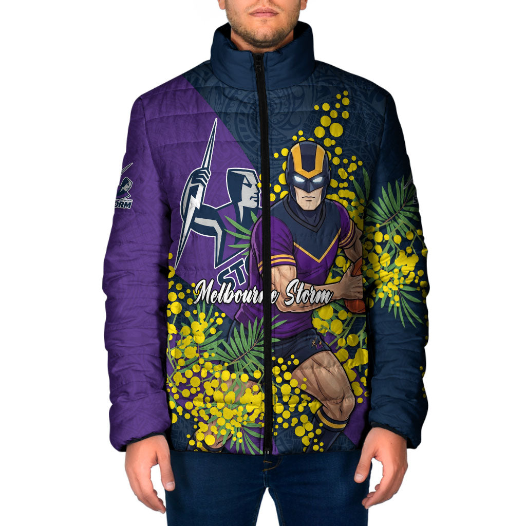 Melbourne Storm Padded Jacket Golden Wattle Floral Polynesian - Australian Flower - Rugby Mascot