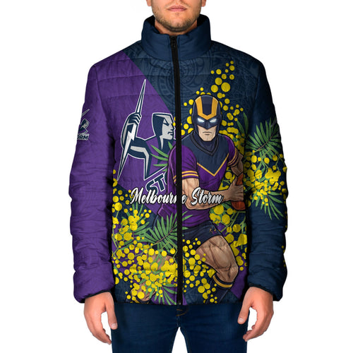 Melbourne Storm Padded Jacket Golden Wattle Floral Polynesian - Australian Flower - Rugby Mascot
