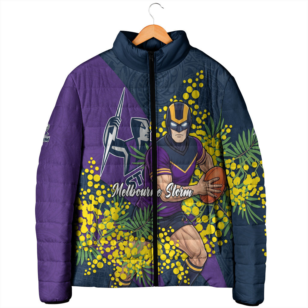 Melbourne Storm Padded Jacket Golden Wattle Floral Polynesian - Australian Flower - Rugby Mascot