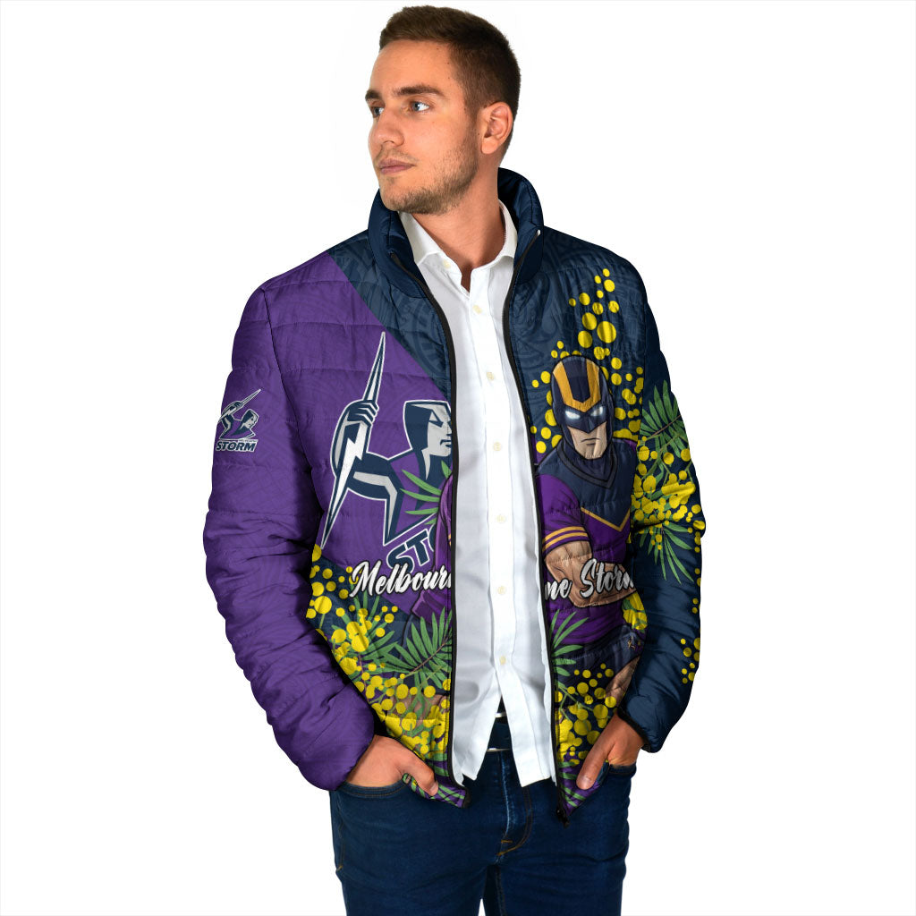 Melbourne Storm Padded Jacket Golden Wattle Floral Polynesian - Australian Flower - Rugby Mascot