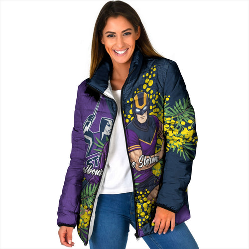 Melbourne Storm Padded Jacket Golden Wattle Floral Polynesian - Australian Flower - Rugby Mascot