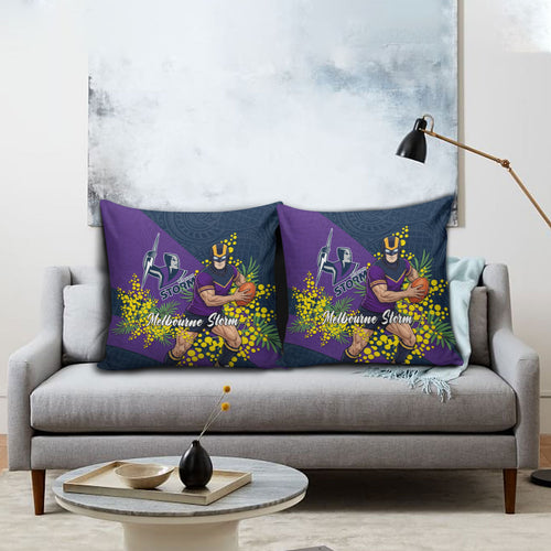 Melbourne Storm Pillow Cover Golden Wattle Floral Polynesian - Australian Flower - Rugby Mascot