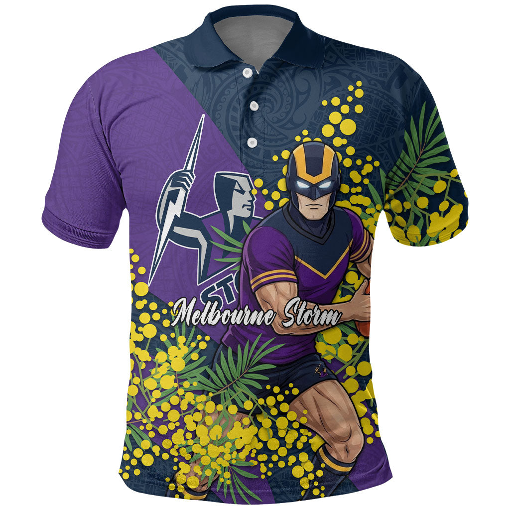 Melbourne Storm Polo Shirt Golden Wattle Floral Polynesian - Australian Flower - Rugby Mascot