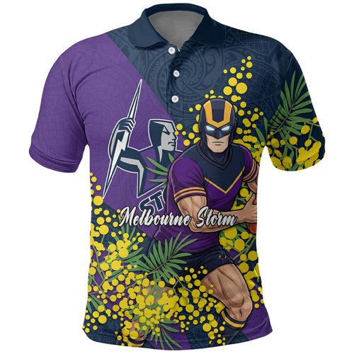 Melbourne Storm Polo Shirt Golden Wattle Floral Polynesian - Australian Flower - Rugby Mascot