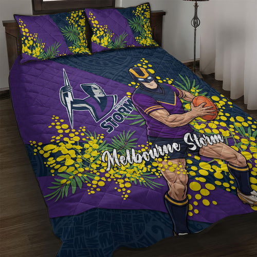 Melbourne Storm Quilt Bed Set Golden Wattle Floral Polynesian - Australian Flower - Rugby Mascot