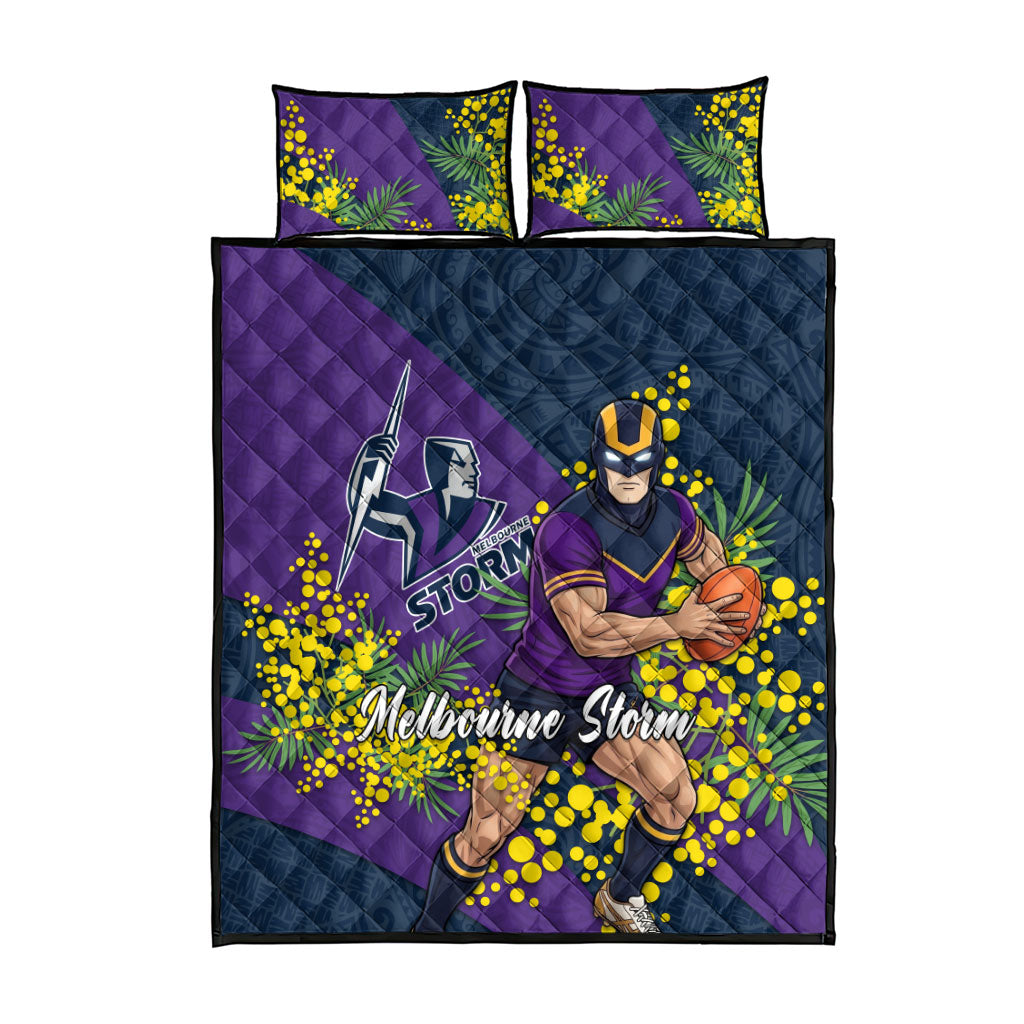 Melbourne Storm Quilt Bed Set Golden Wattle Floral Polynesian - Australian Flower - Rugby Mascot