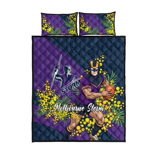 Melbourne Storm Quilt Bed Set Golden Wattle Floral Polynesian - Australian Flower - Rugby Mascot