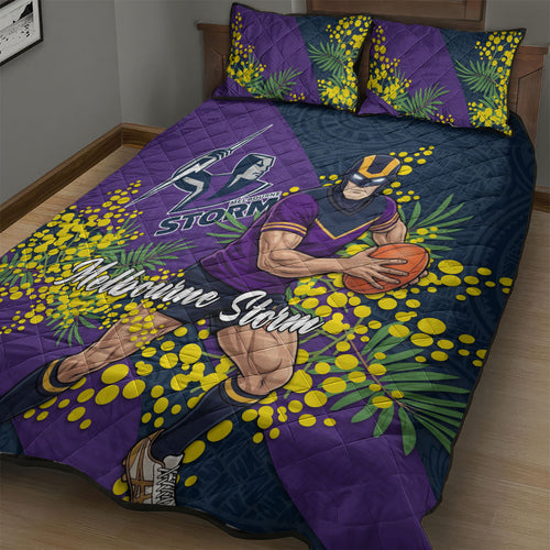 Melbourne Storm Quilt Bed Set Golden Wattle Floral Polynesian - Australian Flower - Rugby Mascot
