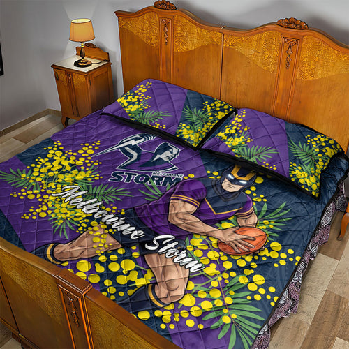 Melbourne Storm Quilt Bed Set Golden Wattle Floral Polynesian - Australian Flower - Rugby Mascot