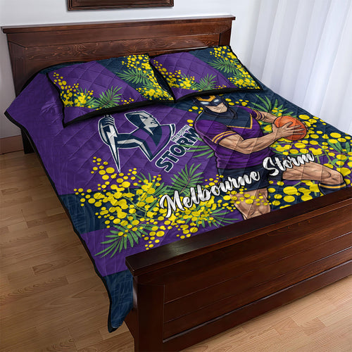 Melbourne Storm Quilt Bed Set Golden Wattle Floral Polynesian - Australian Flower - Rugby Mascot