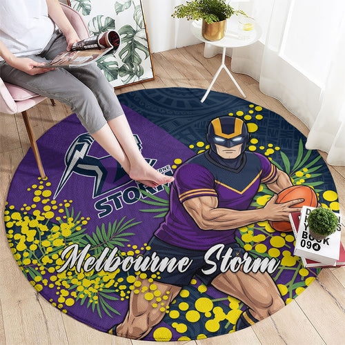 Melbourne Storm Round Carpet Golden Wattle Floral Polynesian - Australian Flower - Rugby Mascot