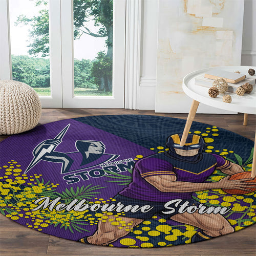 Melbourne Storm Round Carpet Golden Wattle Floral Polynesian - Australian Flower - Rugby Mascot