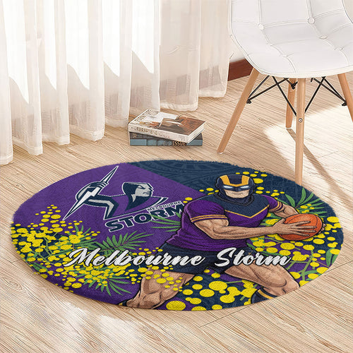 Melbourne Storm Round Carpet Golden Wattle Floral Polynesian - Australian Flower - Rugby Mascot