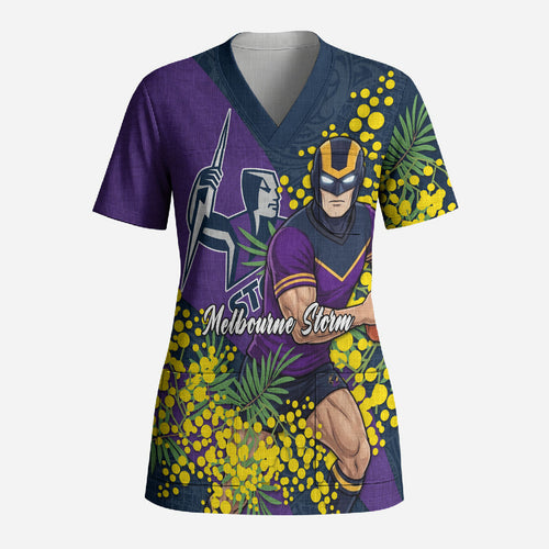 Melbourne Storm Scrub Top Golden Wattle Floral Polynesian - Australian Flower - Rugby Mascot