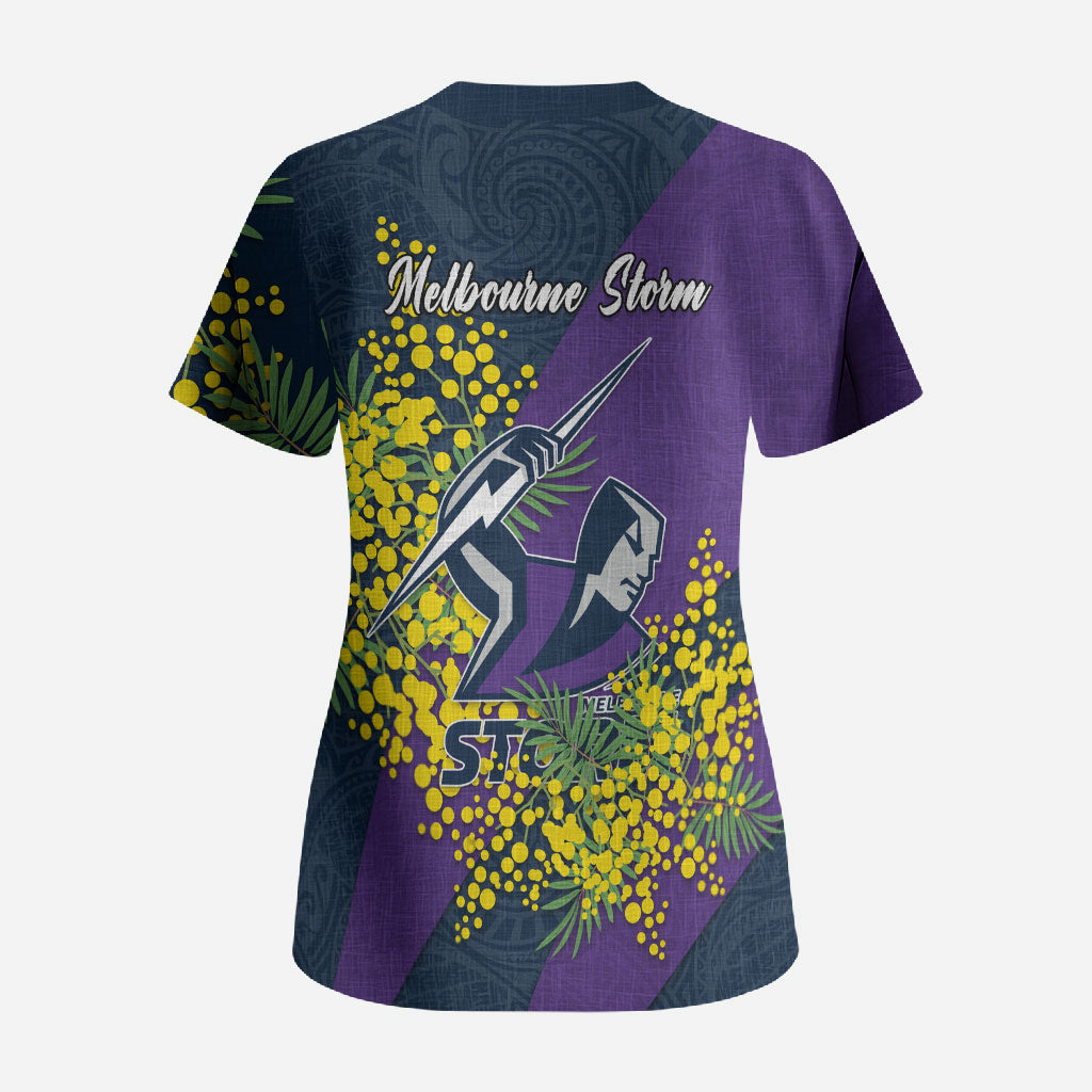 Melbourne Storm Scrub Top Golden Wattle Floral Polynesian - Australian Flower - Rugby Mascot