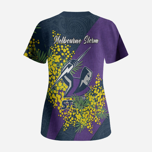 Melbourne Storm Scrub Top Golden Wattle Floral Polynesian - Australian Flower - Rugby Mascot