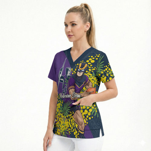 Melbourne Storm Scrub Top Golden Wattle Floral Polynesian - Australian Flower - Rugby Mascot