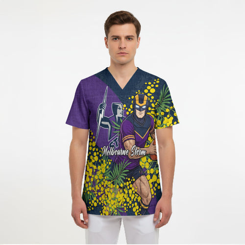 Melbourne Storm Scrub Top Golden Wattle Floral Polynesian - Australian Flower - Rugby Mascot