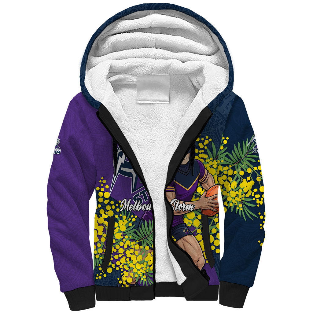 Melbourne Storm Sherpa Hoodie Golden Wattle Floral Polynesian - Australian Flower - Rugby Mascot