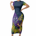 Melbourne Storm Short Sleeve Bodycon Dress Golden Wattle Floral Polynesian - Australian Flower - Rugby Mascot