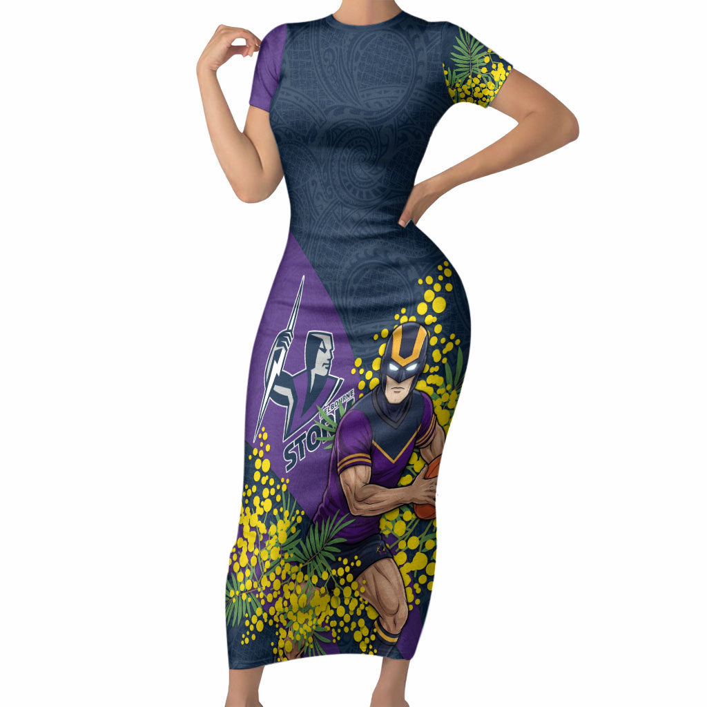 Melbourne Storm Short Sleeve Bodycon Dress Golden Wattle Floral Polynesian - Australian Flower - Rugby Mascot