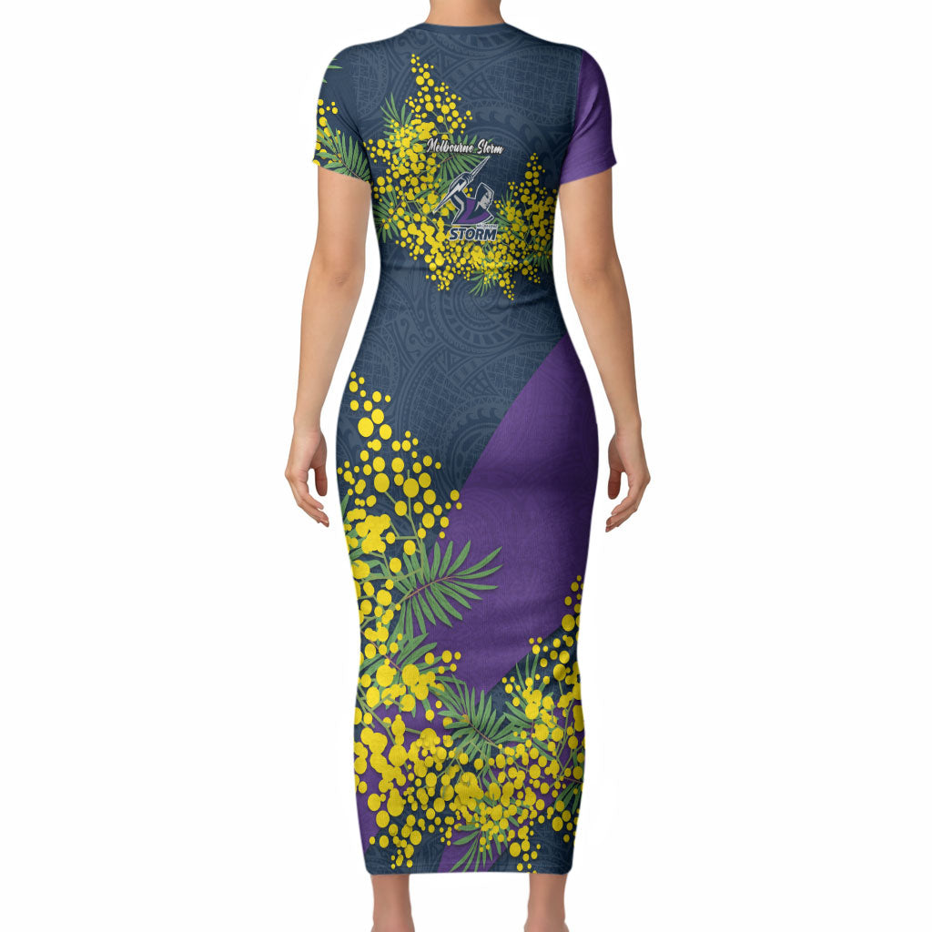 Melbourne Storm Short Sleeve Bodycon Dress Golden Wattle Floral Polynesian - Australian Flower - Rugby Mascot