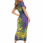 Melbourne Storm Short Sleeve Bodycon Dress Golden Wattle Floral Polynesian - Australian Flower - Rugby Mascot