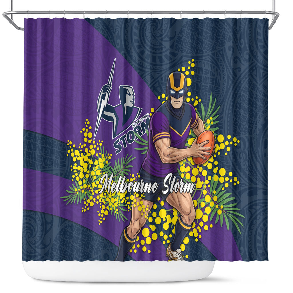 Melbourne Storm Shower Curtain Golden Wattle Floral Polynesian - Australian Flower - Rugby Mascot