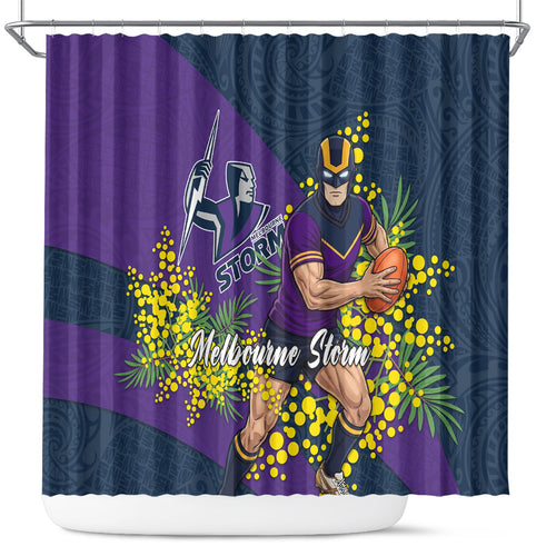 Melbourne Storm Shower Curtain Golden Wattle Floral Polynesian - Australian Flower - Rugby Mascot