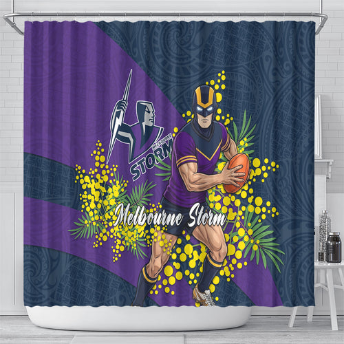 Melbourne Storm Shower Curtain Golden Wattle Floral Polynesian - Australian Flower - Rugby Mascot