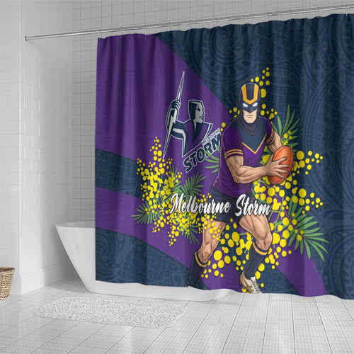 Melbourne Storm Shower Curtain Golden Wattle Floral Polynesian - Australian Flower - Rugby Mascot