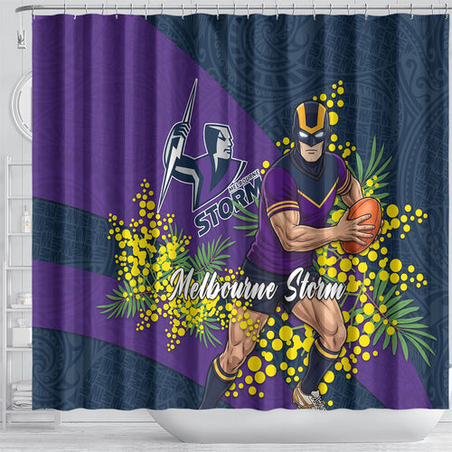 Melbourne Storm Shower Curtain Golden Wattle Floral Polynesian - Australian Flower - Rugby Mascot