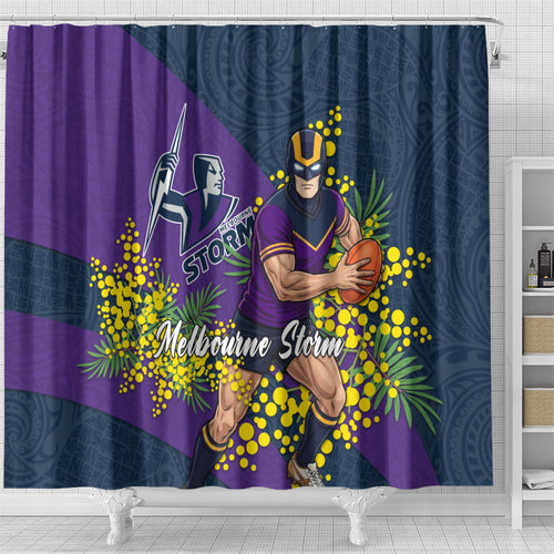 Melbourne Storm Shower Curtain Golden Wattle Floral Polynesian - Australian Flower - Rugby Mascot