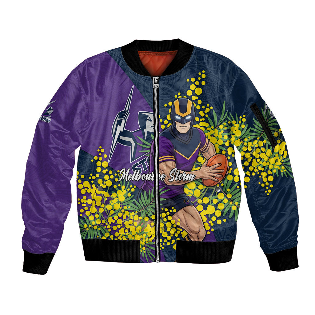 Melbourne Storm Sleeve Zip Bomber Jacket Golden Wattle Floral Polynesian - Australian Flower - Rugby Mascot
