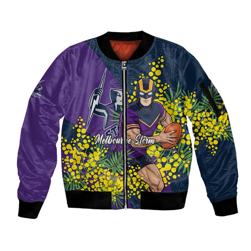Melbourne Storm Sleeve Zip Bomber Jacket Golden Wattle Floral Polynesian - Australian Flower - Rugby Mascot