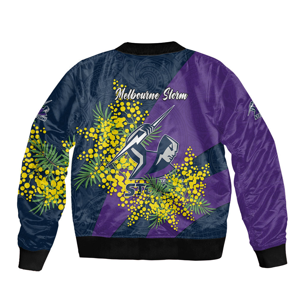 Melbourne Storm Sleeve Zip Bomber Jacket Golden Wattle Floral Polynesian - Australian Flower - Rugby Mascot