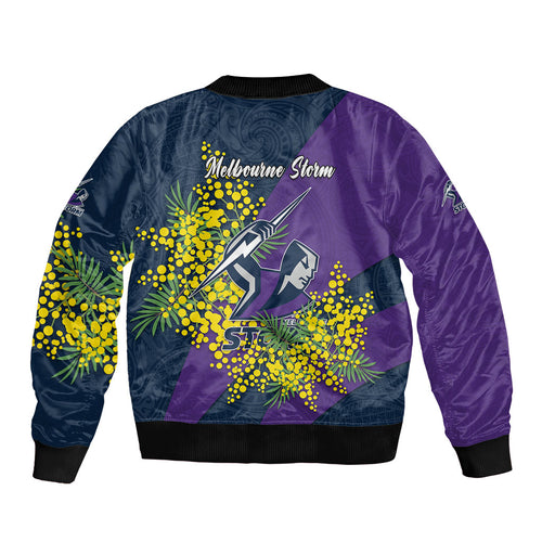 Melbourne Storm Sleeve Zip Bomber Jacket Golden Wattle Floral Polynesian - Australian Flower - Rugby Mascot