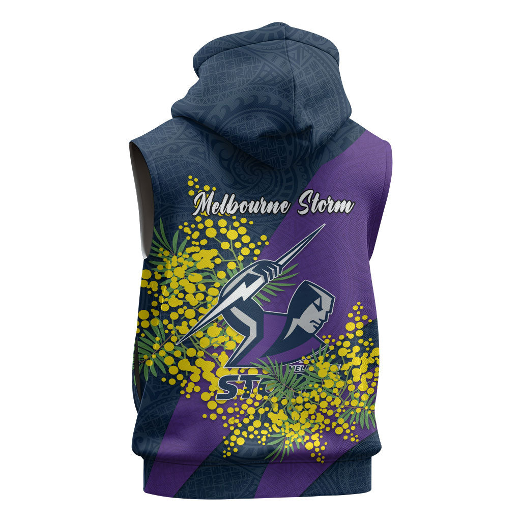 Melbourne Storm Sleeveless Hoodie Golden Wattle Floral Polynesian - Australian Flower - Rugby Mascot
