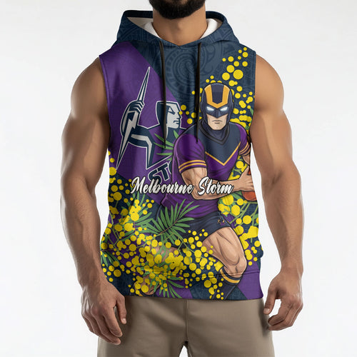 Melbourne Storm Sleeveless Hoodie Golden Wattle Floral Polynesian - Australian Flower - Rugby Mascot