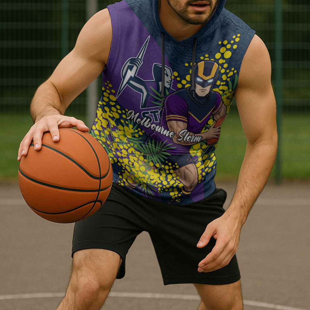 Melbourne Storm Sleeveless Hoodie Golden Wattle Floral Polynesian - Australian Flower - Rugby Mascot